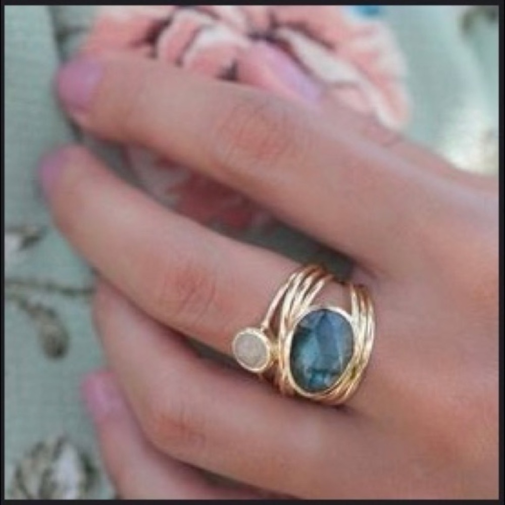 Vintage Gold Labradorite Aqua Blue Moonstone Ring